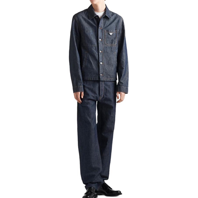 prada linen blend triangle metal logo denim jacket